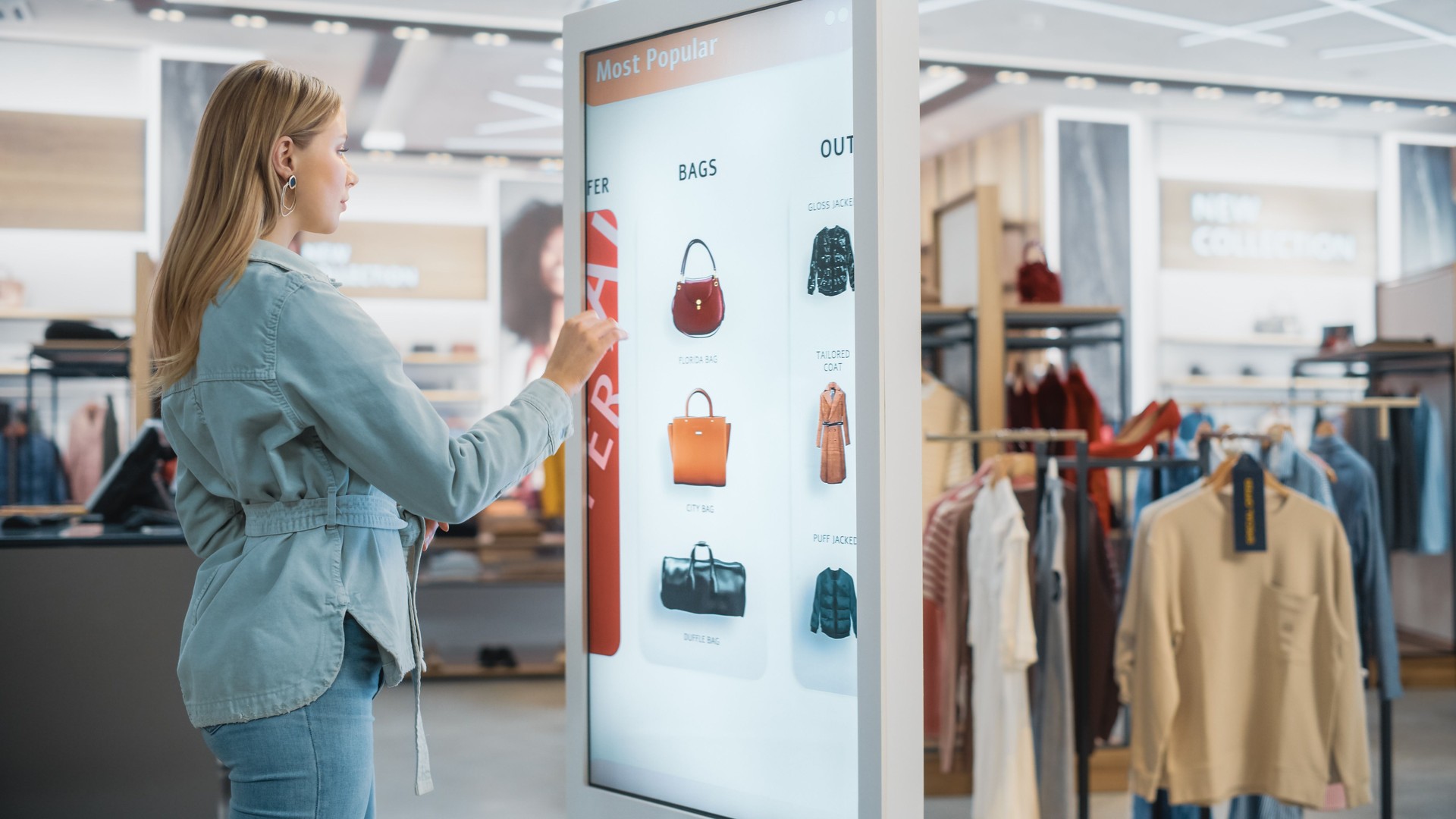 Beautiful Female Customer Using Floor-Standing LCD Touch Display while Shopping in Clothing Store. She is Choosing Stylish Bags, Picking Different Designs from Collection. People in Fashionable Shop.