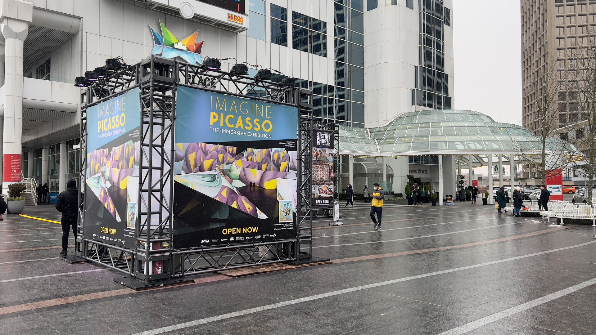 View of sign Imagine Picasso The Immersive Exhibition near Canada Place