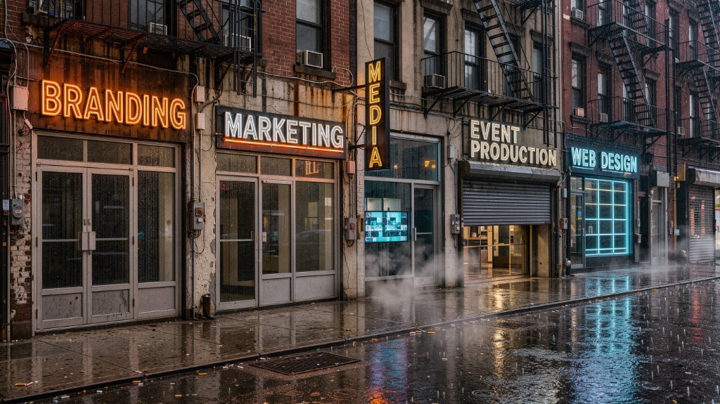 Five neon-lit storefronts on a rainy street: Branding, Marketing, Media, Event Production, Web Design